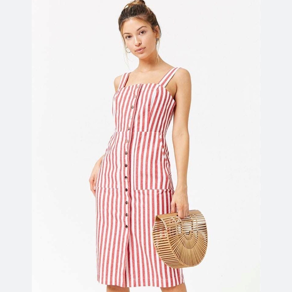 Forever21 Striped Red and White Button-Down Dress M